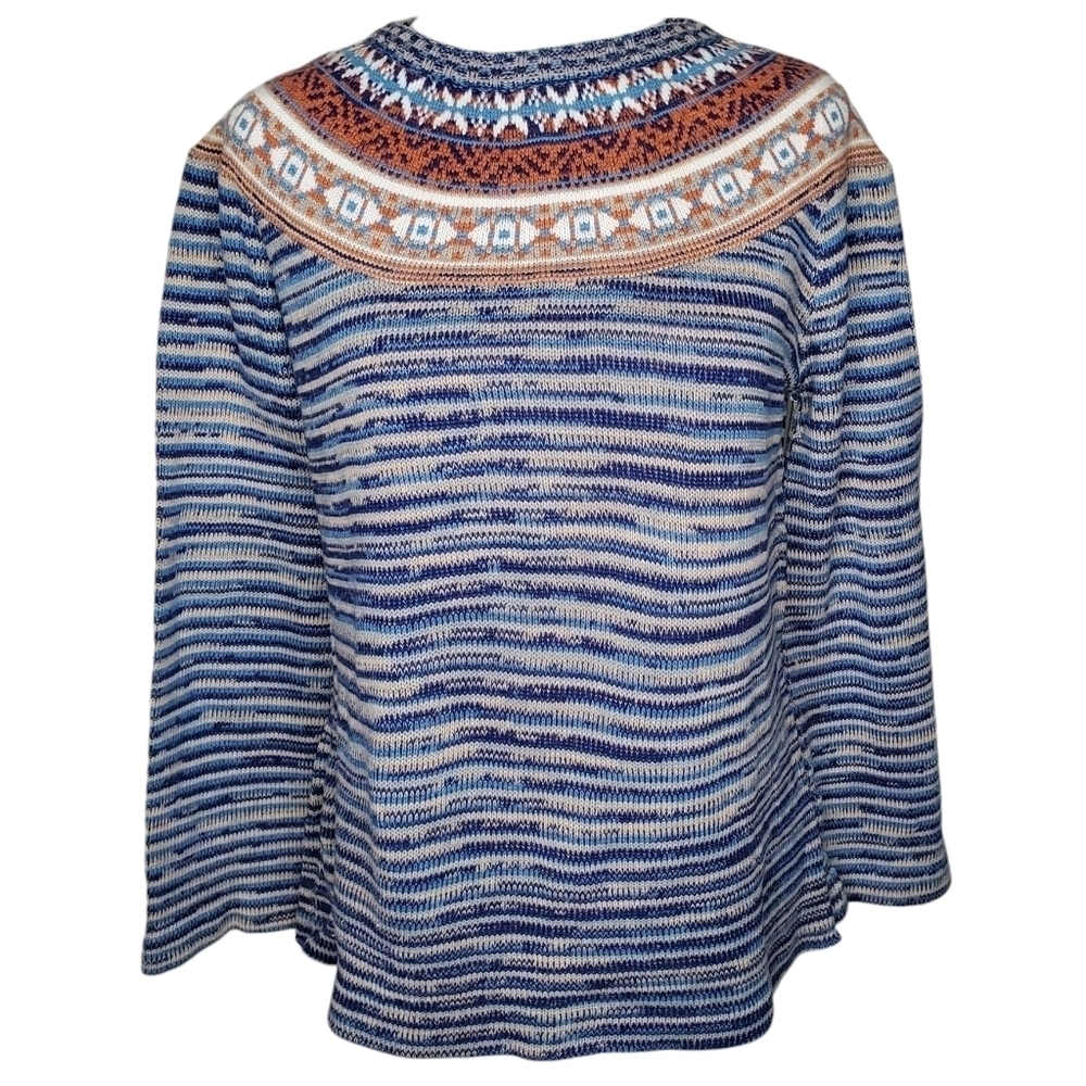 Vintage 70s Women's Kmart Fair Isle Print Crewneck Sweater, Blue & Orange Sz lg